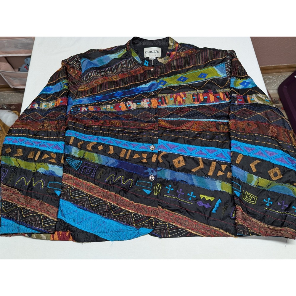 Chicos Women Size 3 Silk Embroidered Patchwork Jacket Multicolor Boho Art XL